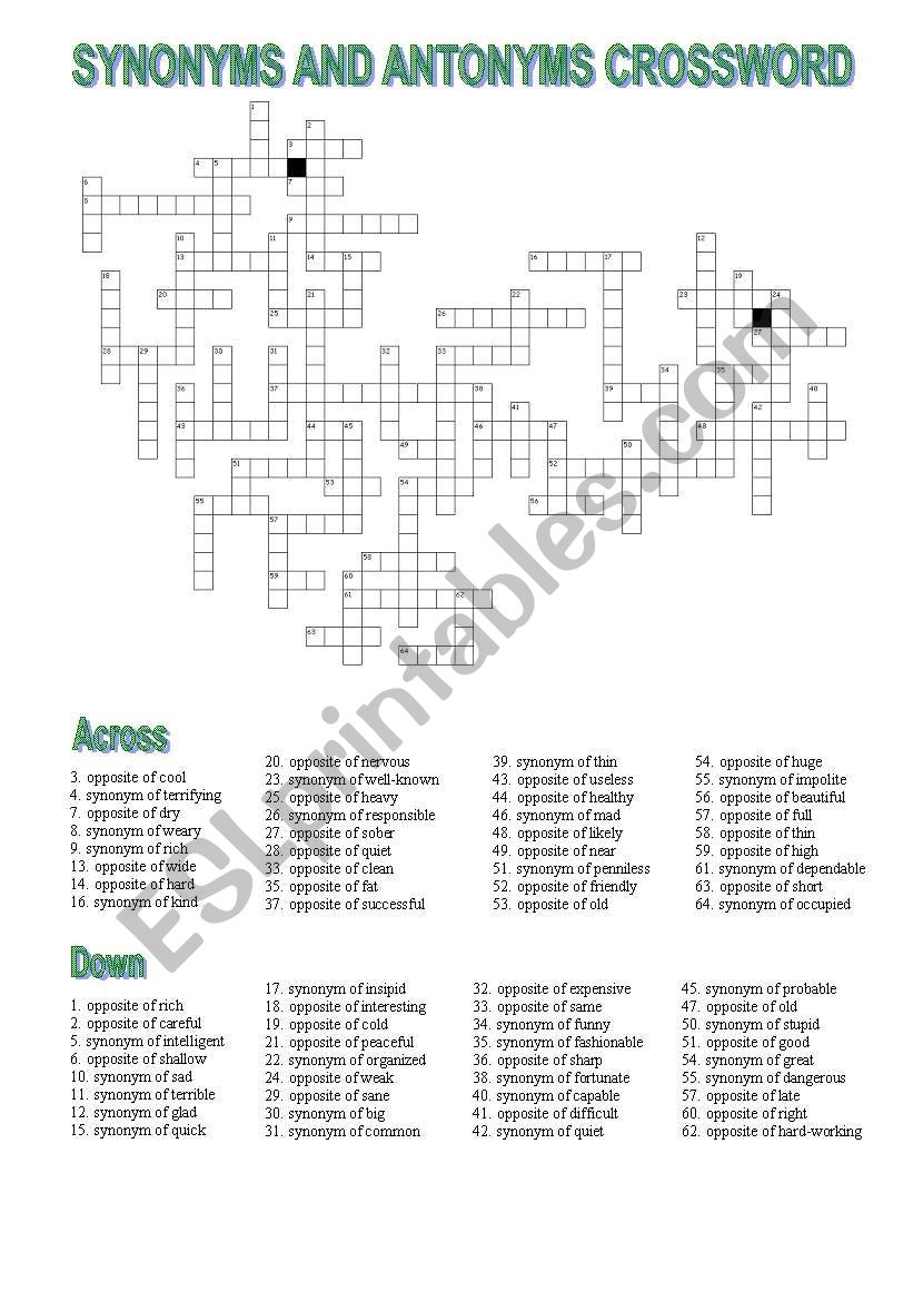 Synonyms Crossword Puzzle Worksheets