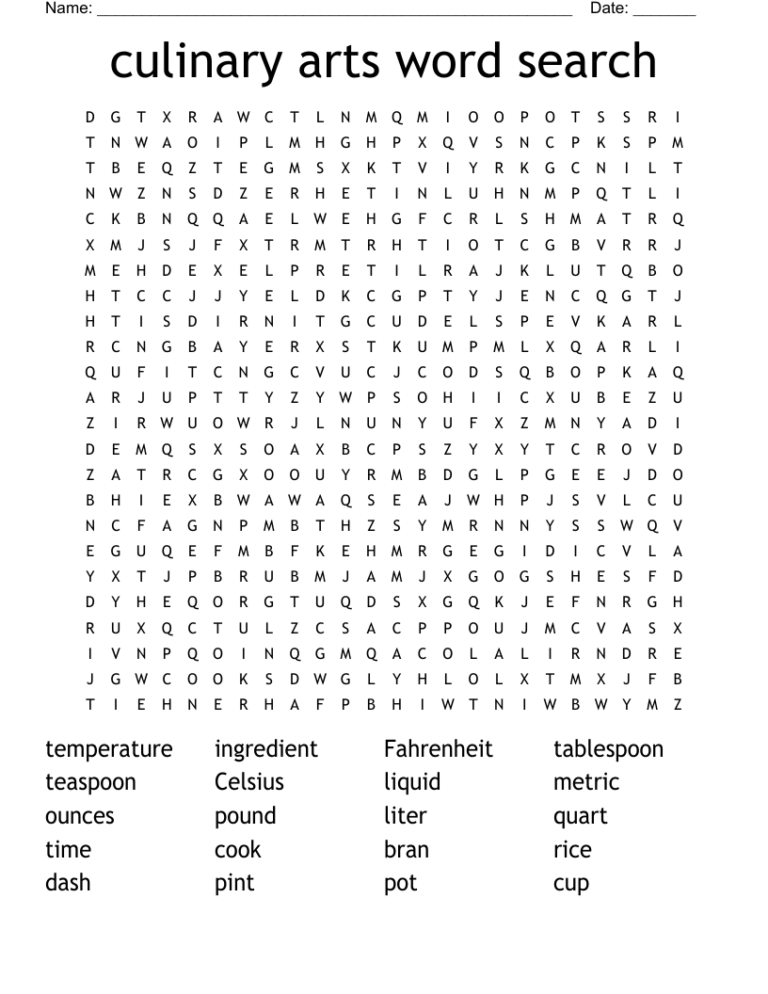 Culinary Arts Word Search WordMint