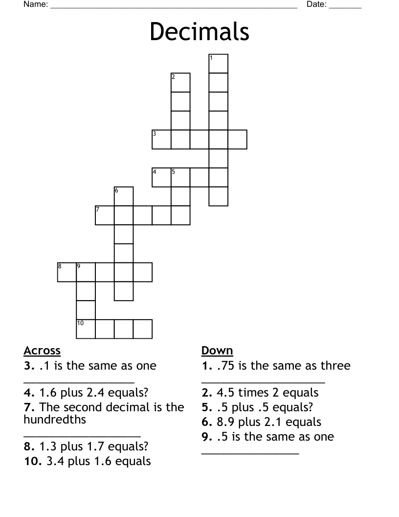 Decimals Crossword WordMint