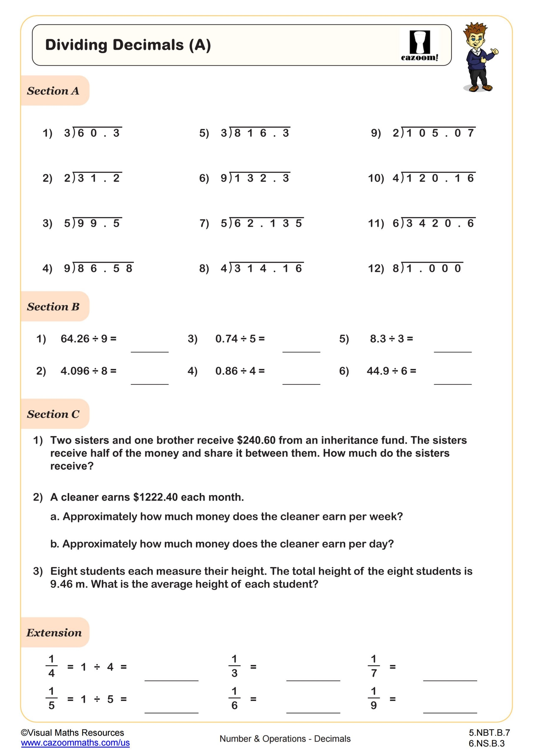 Division With Decimals Puzzle Worksheets