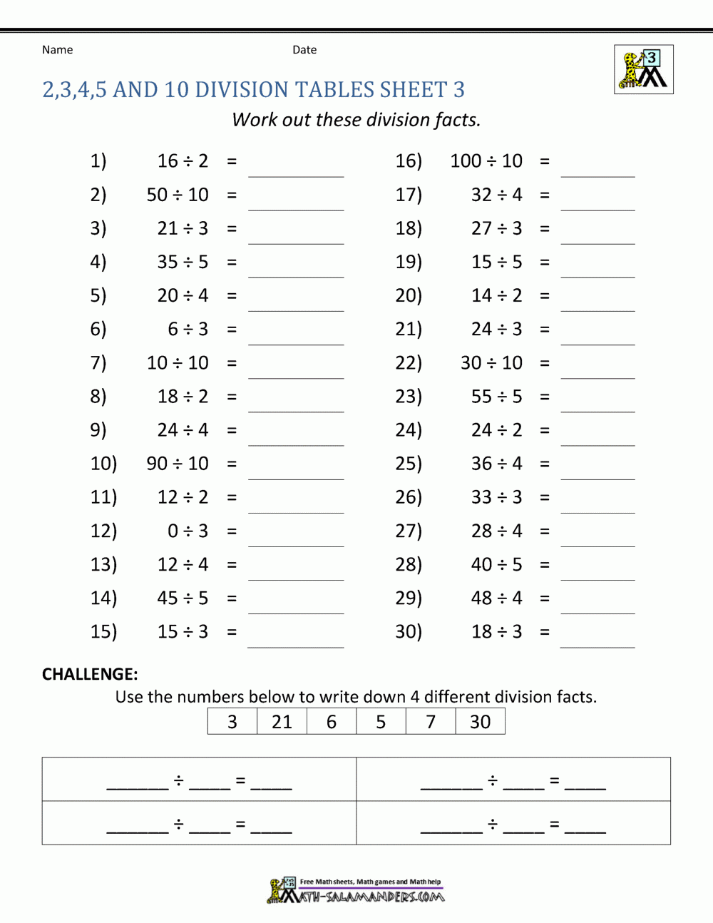 Division Facts Puzzle Worksheets