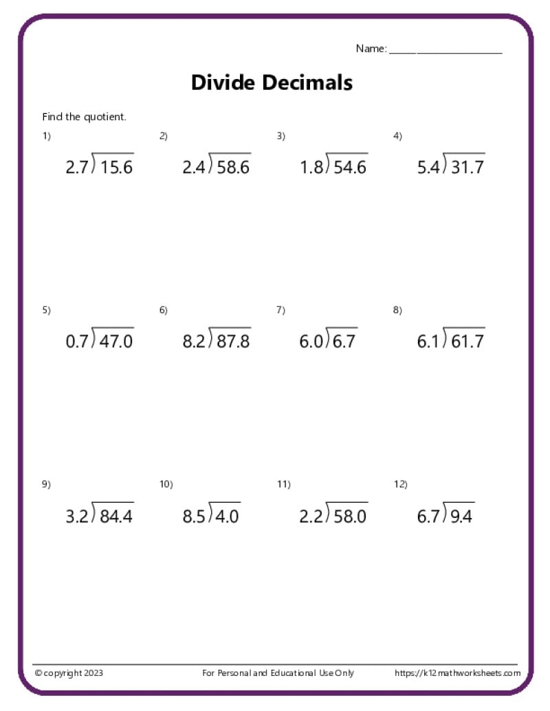 Decimal Multiplication And Division Puzzle Worksheets