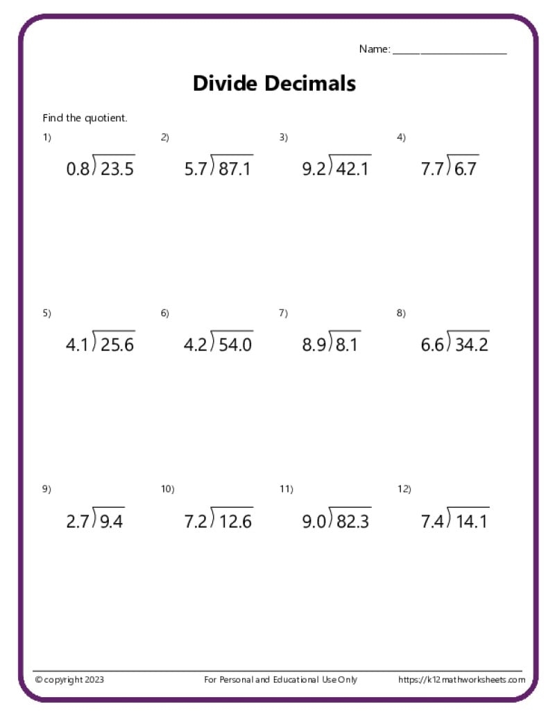 Division With Decimals Worksheets K12 Math Worksheets