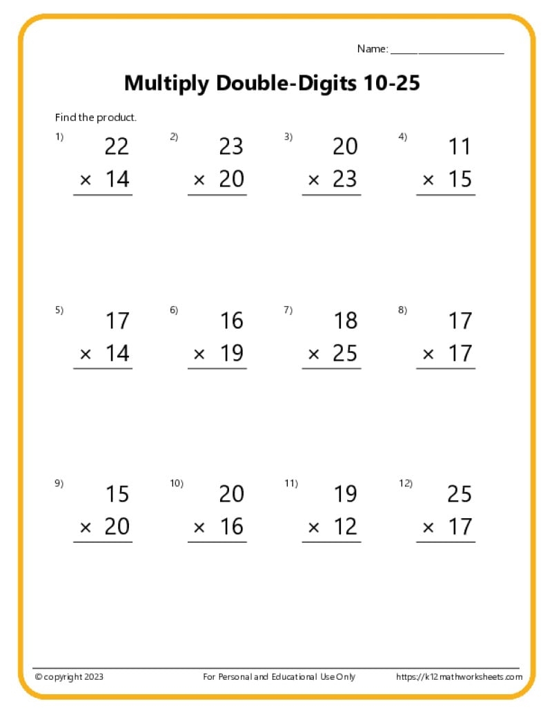 Double Digit Multiplication Worksheets