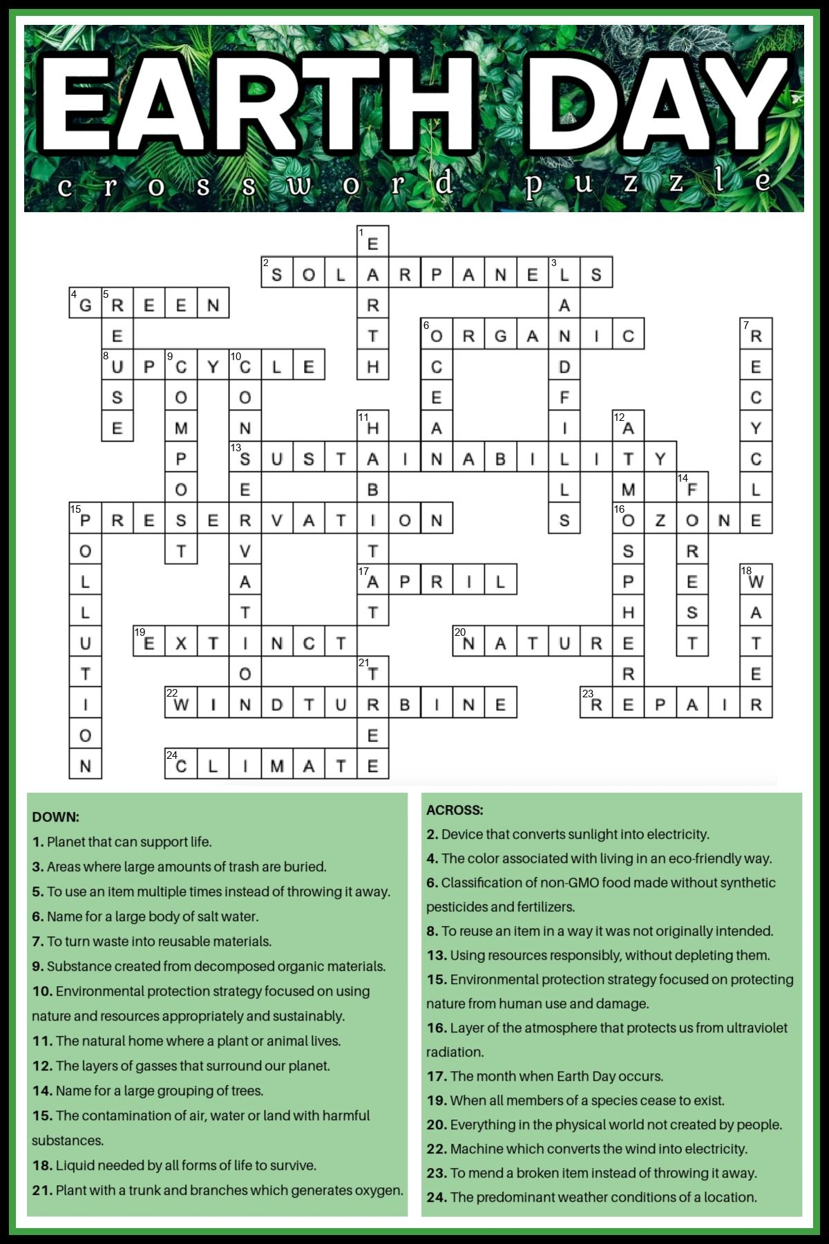 Earth Day Crossword Puzzle Worksheets
