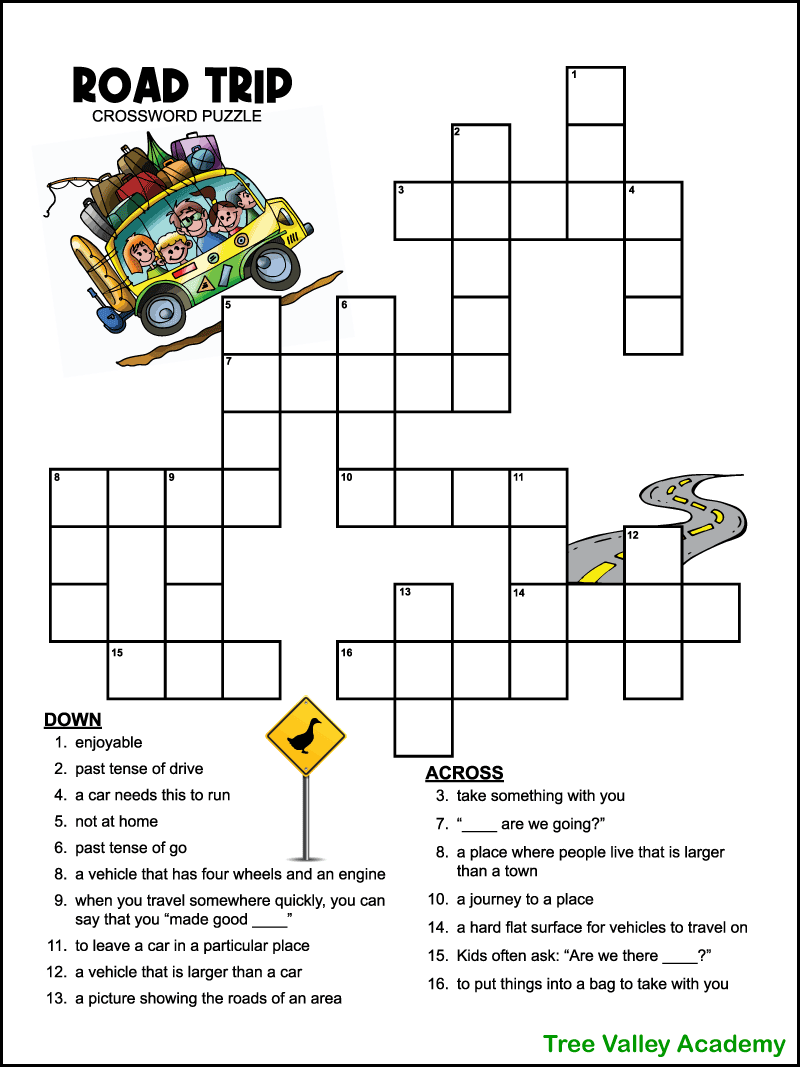 Easy Road Trip Crossword Puzzle For Kids Tree Valley Academy Worksheets Library