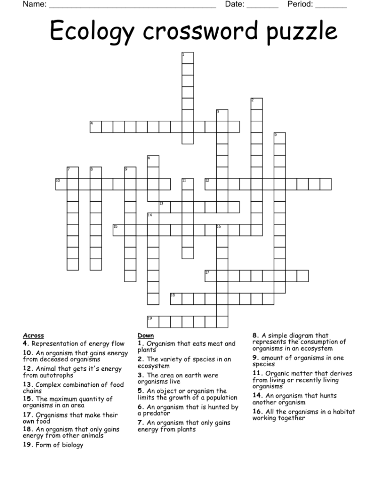 Ecology Crossword Puzzle WordMint