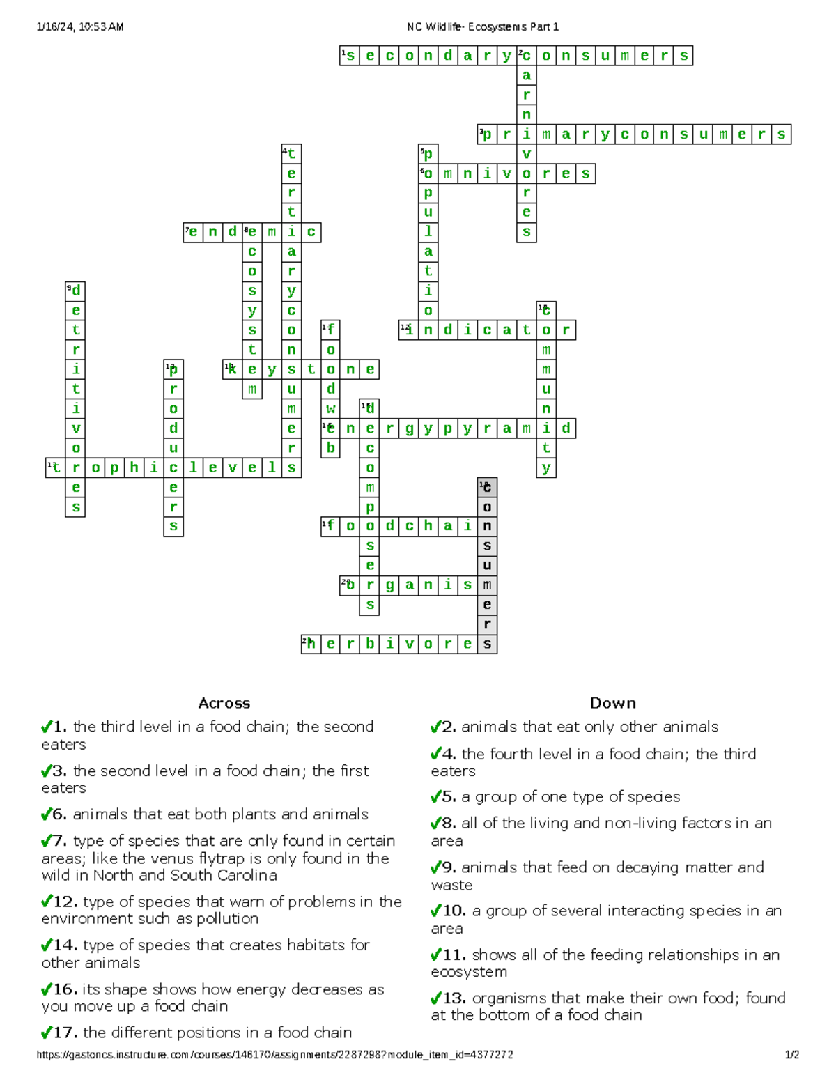 Ecology Crossword Puzzle Worksheets Answers