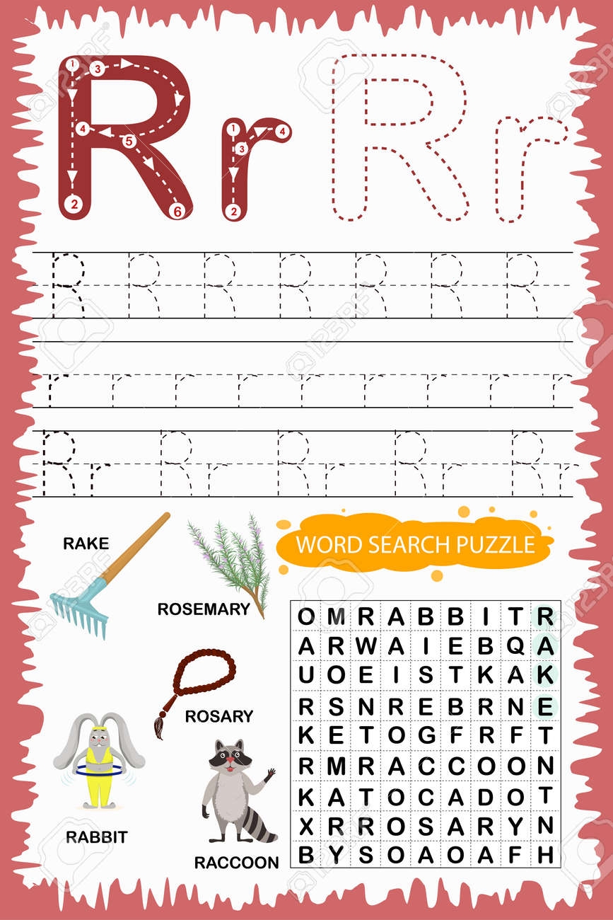 Educational Worksheet For Children Learning The English Alphabet Handwriting And Crossword Puzzle Game For Memorizing Words Letter R Royalty Free SVG Cliparts Vectors And Stock Illustration Image 170883711 