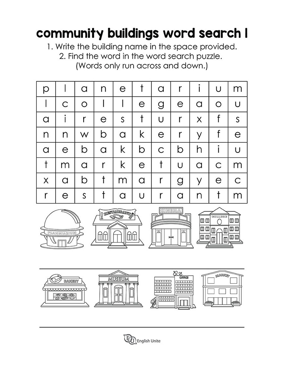 English Unite Community Buildings Word Search Puzzle 1