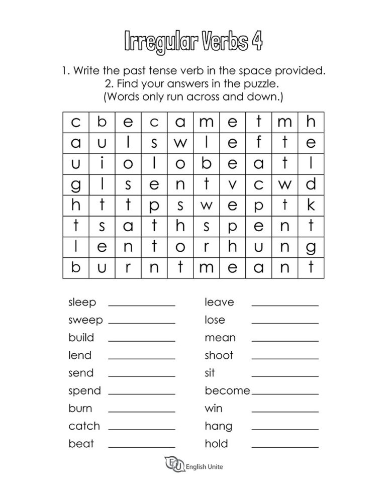 English Unite Irregular Verbs Word Search Puzzle 4