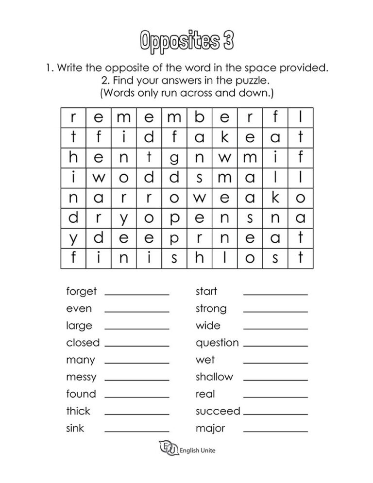 English Unite Opposites Word Search Puzzle 3