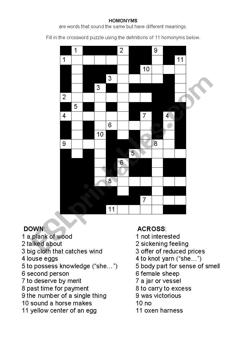 English Worksheets Homonym Crossword Puzzle
