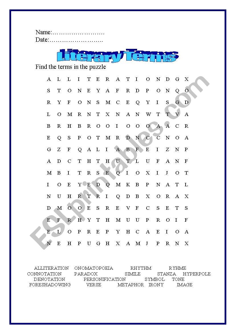 English Worksheets Literary Terms Puzzle