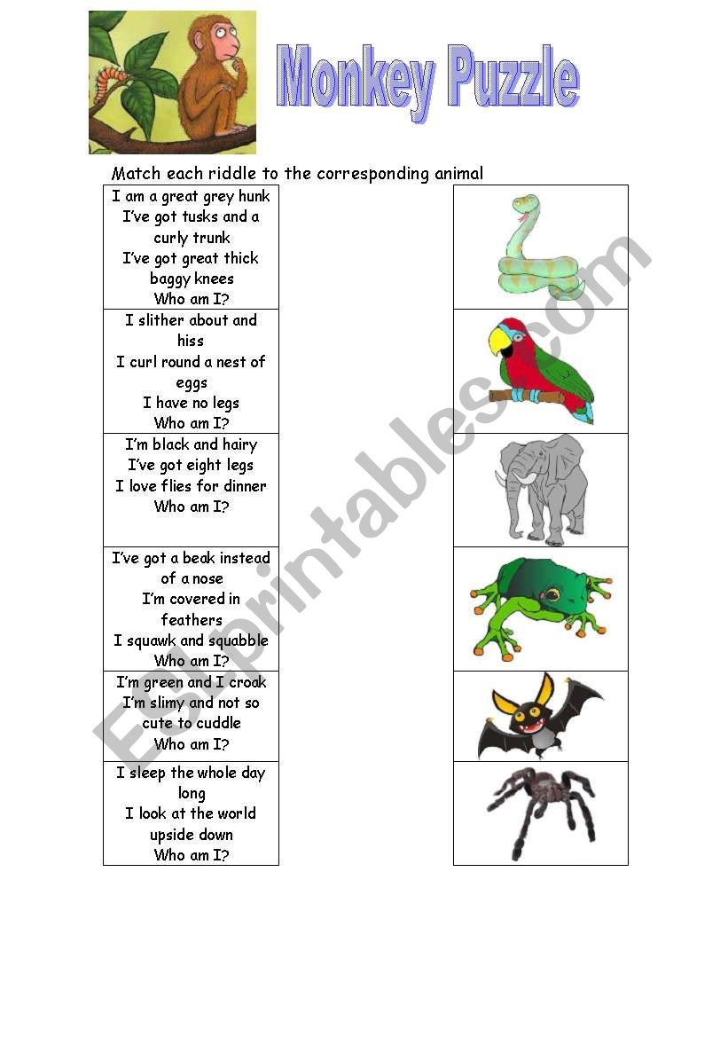 English Worksheets Monkey Puzzle