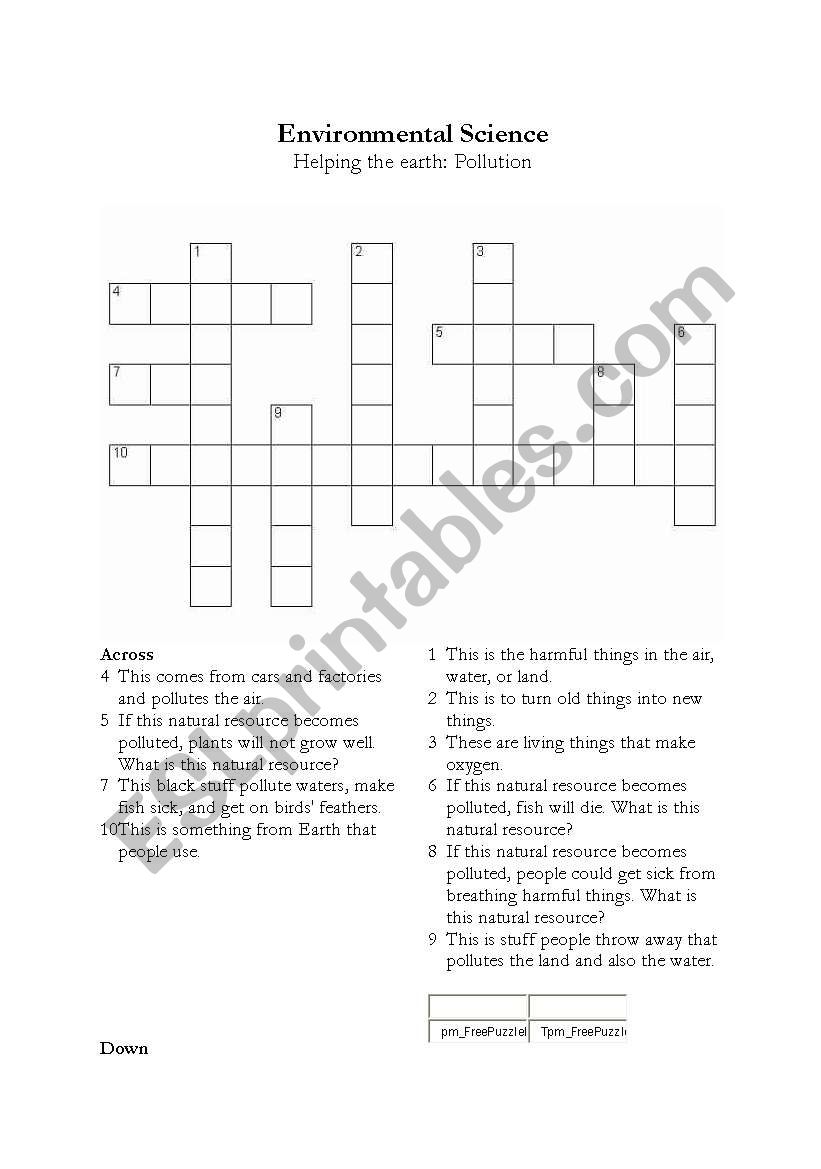 English Worksheets Science Pollution Crossword