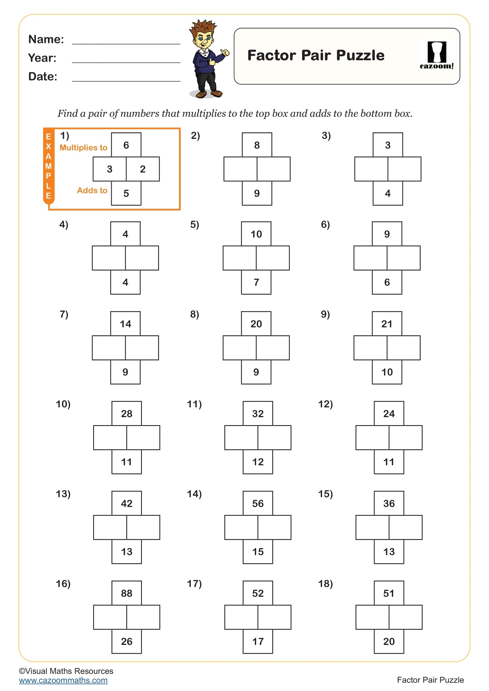 Factor Pair Puzzle Worksheet Fun And Engaging Year 4 Number Worksheet