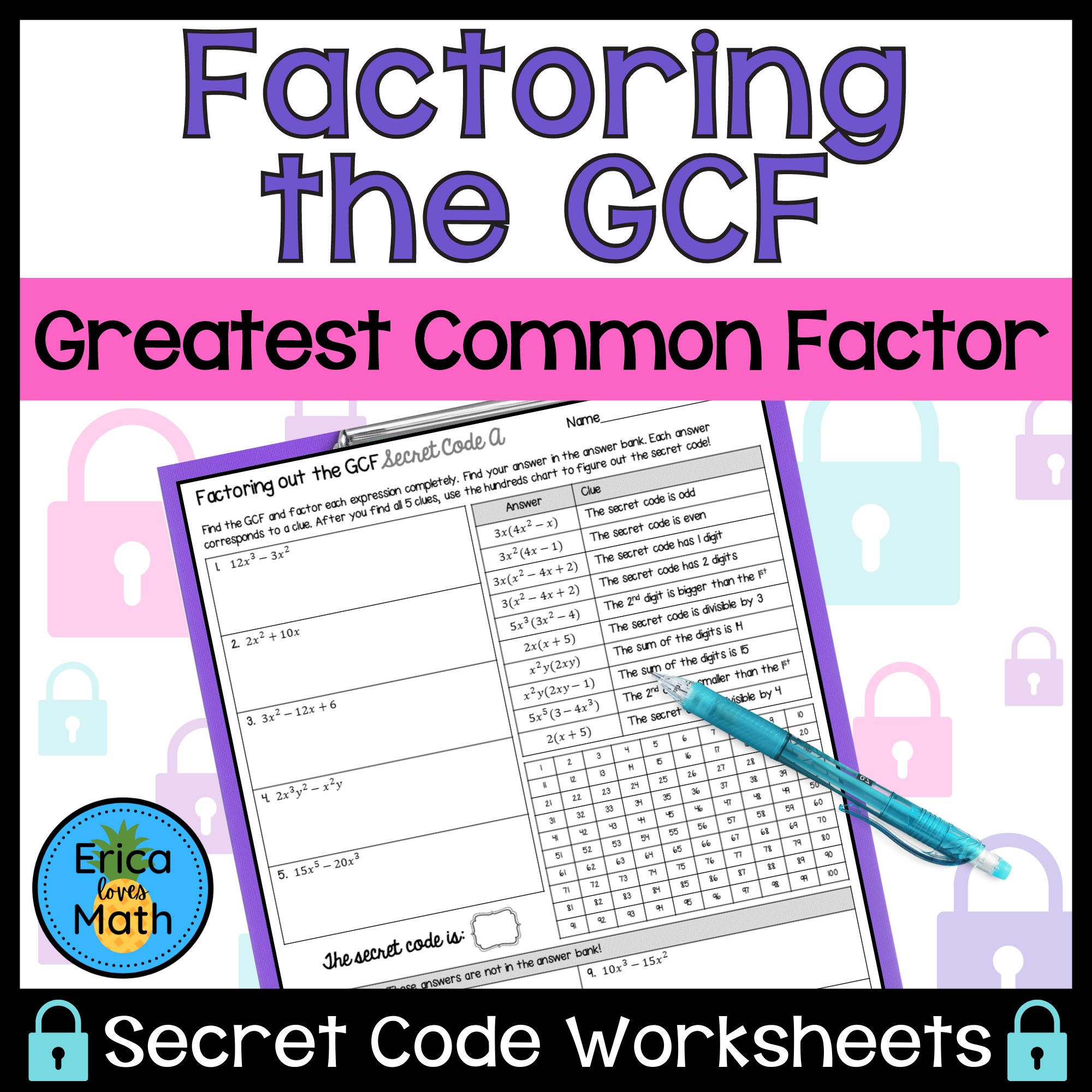 Factoring The GCF Greatest Common Factor Worksheets Secret Code Classful