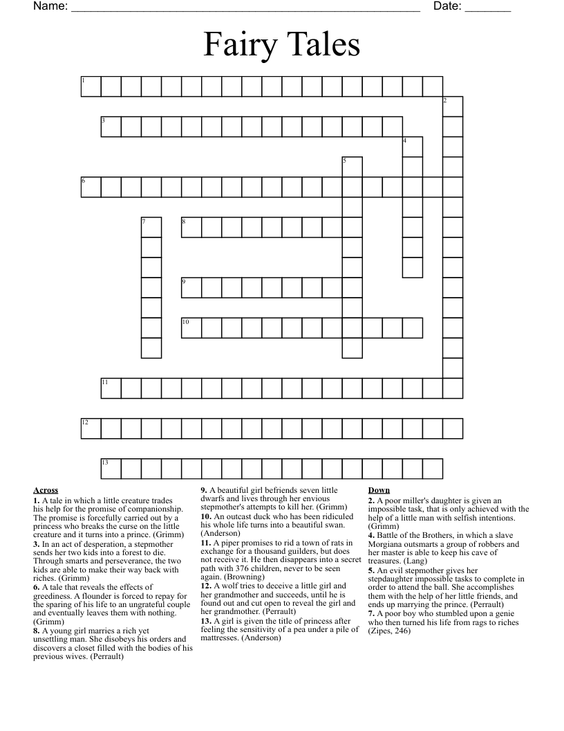 Fairy Tale Crossword Puzzle Worksheets