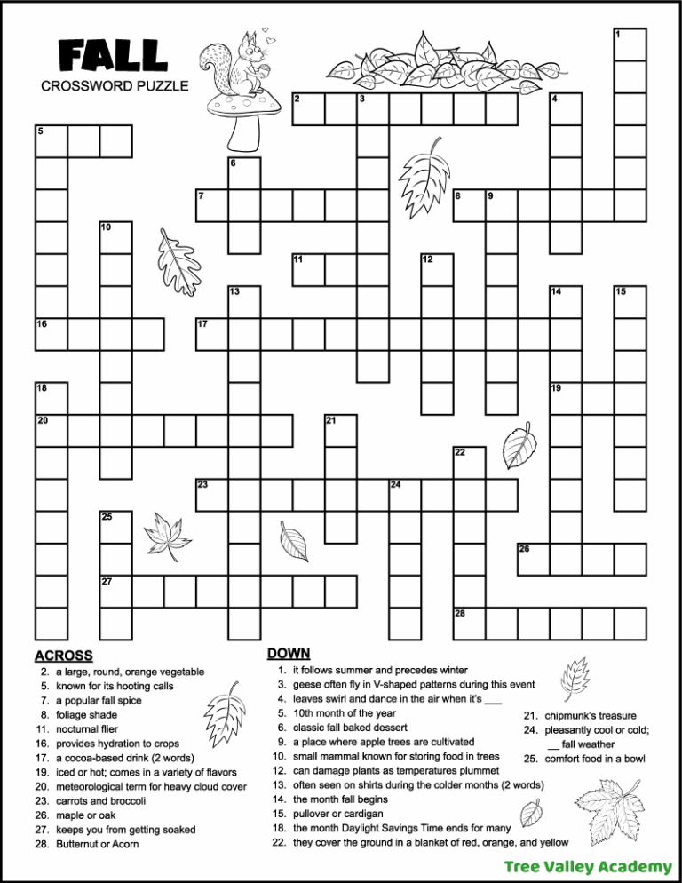 Fall Crossword Puzzle For Middle School Tree Valley Academy