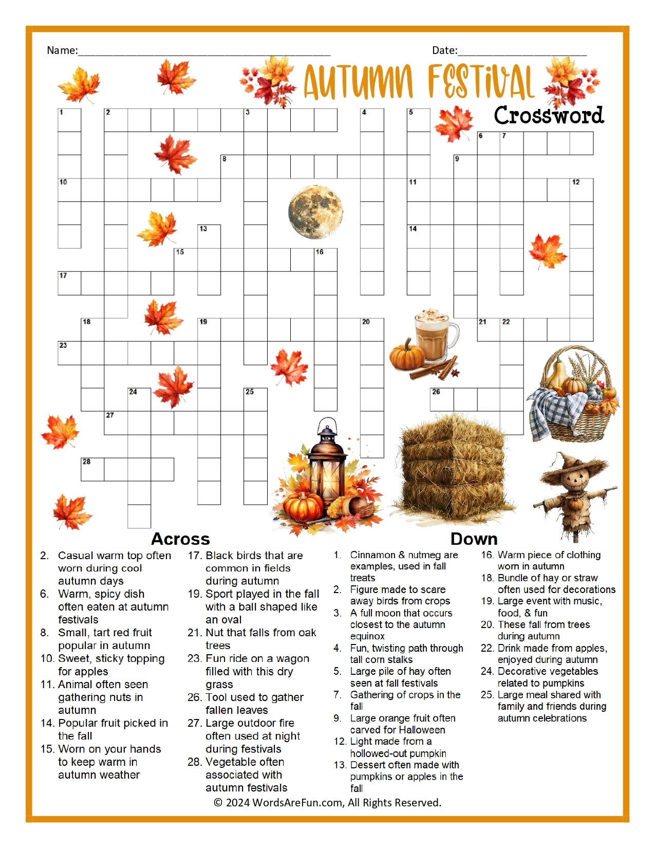 Autumn Crossword Puzzle Worksheets