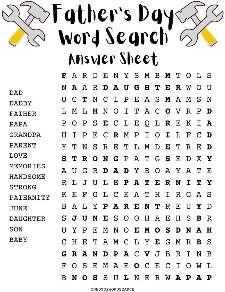 Father s Day Word Search Puzzle With Answer Sheet Holiday Games 
