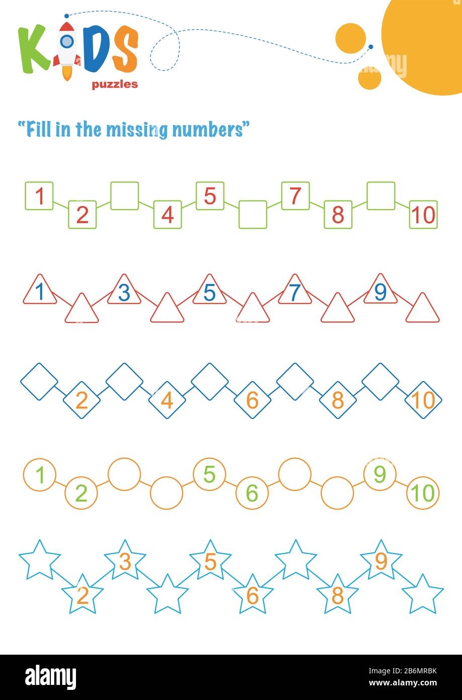 Fill In The Missing Numbers Counting Worksheet Easy Colorful Math Puzzles For Preschool Elementary And Middle School Kids Stock Vector Image U0026 Art Alamy