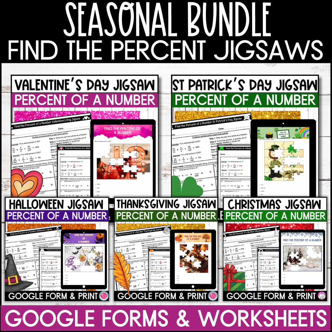 Find The Percent Of A Number Digital Jigsaw Puzzle And Worksheets Holiday Bundle