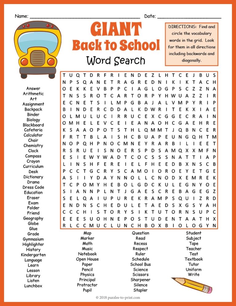 FIRST DAY OF BACK TO SCHOOL Word Search Puzzle Worksheet No Prep