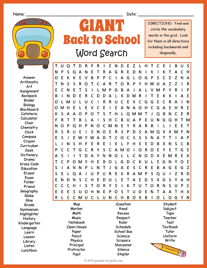 FIRST DAY OF BACK TO SCHOOL Word Search Puzzle Worksheet No Prep