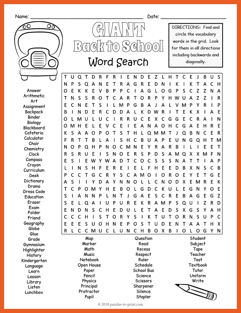 FIRST DAY OF BACK TO SCHOOL Word Search Puzzle Worksheet No Prep
