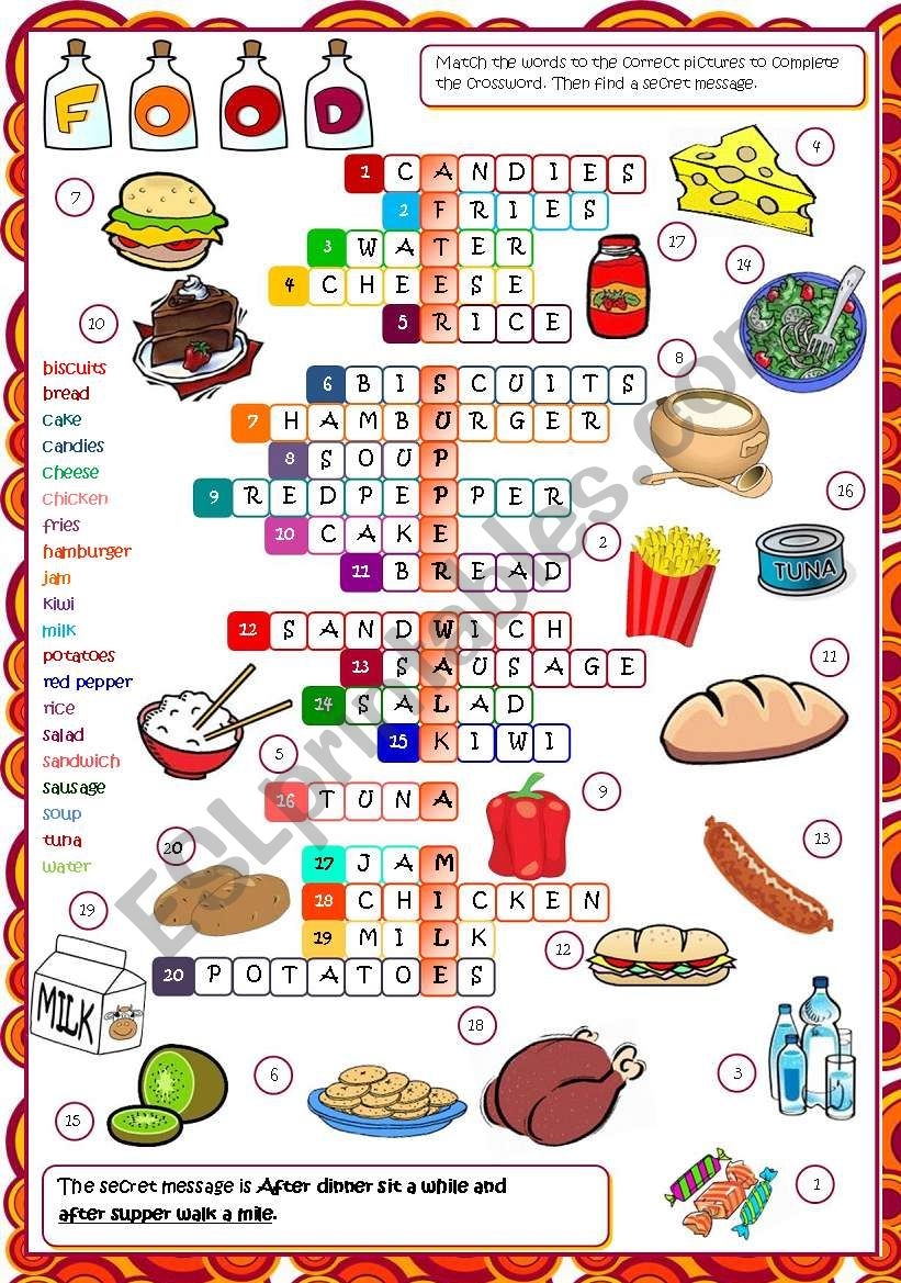 Food CROSSWORD Bu0026W KEY Included ESL Worksheet By Mada 1
