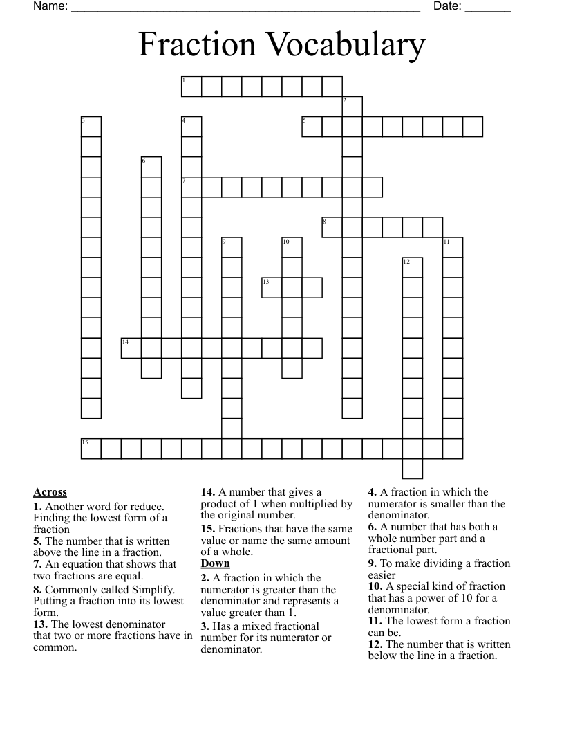 Fraction Vocabulary Crossword WordMint