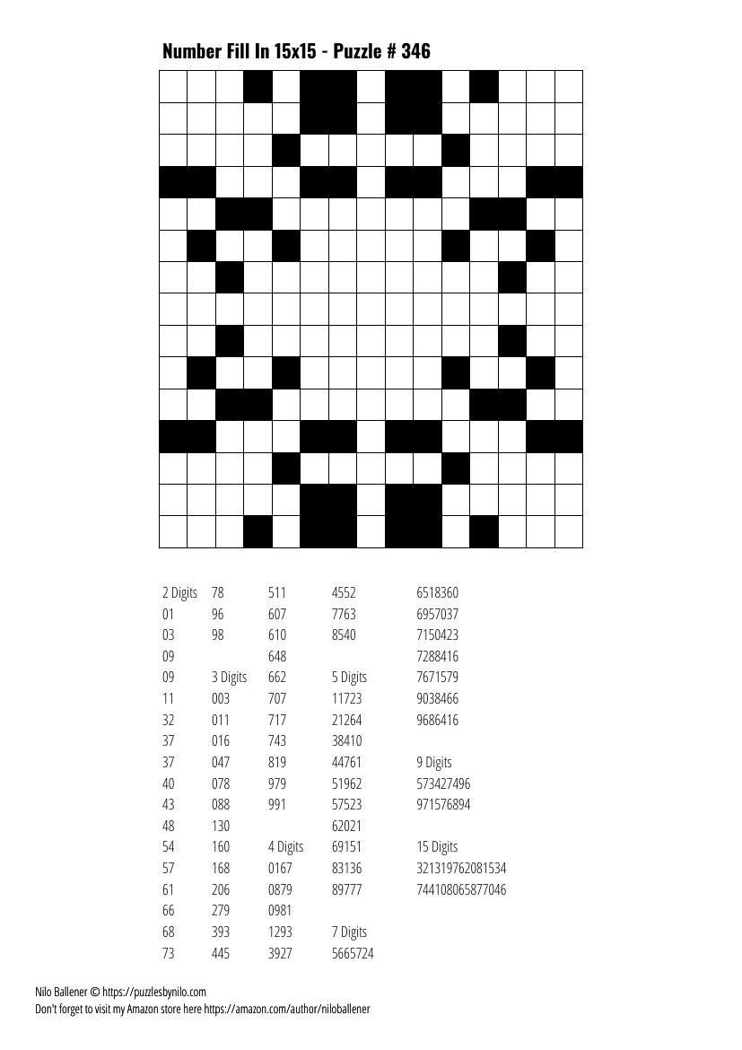 Free Downloadable Puzzle Number Fill In 15x15 346 Puzzles By Nilo Worksheets Library