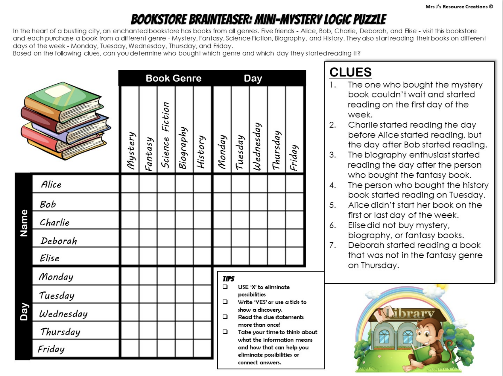 Free Mystery Logic Puzzle For Book Week Top Rated Teaching