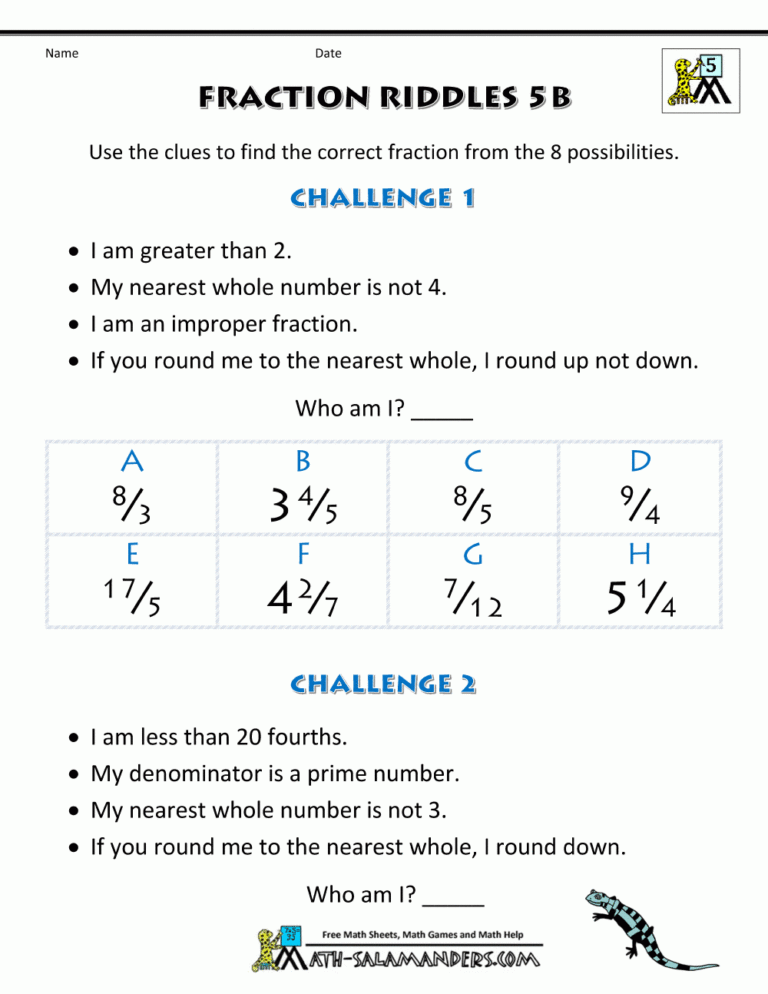 Free Printable Fraction Worksheets Fraction Riddles harder 