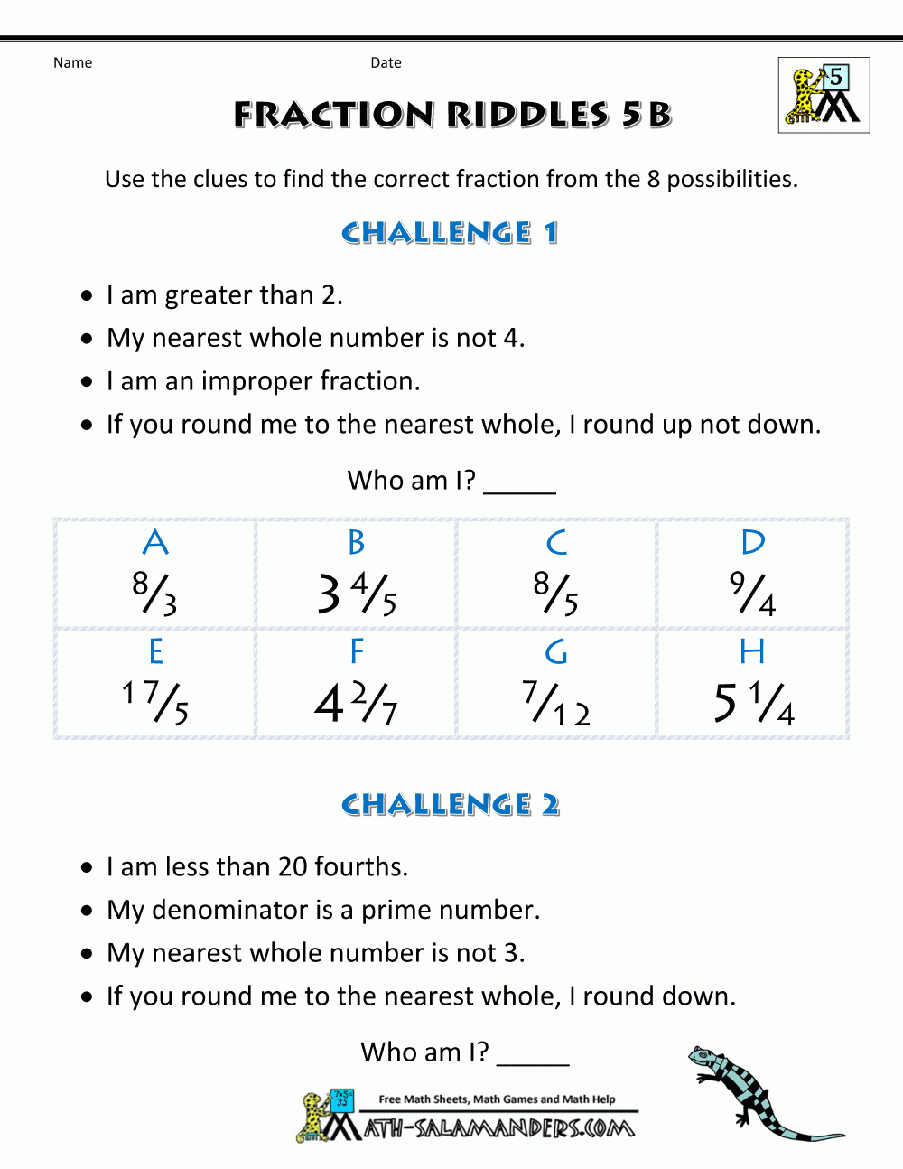 Free Printable Fraction Worksheets Fraction Riddles harder