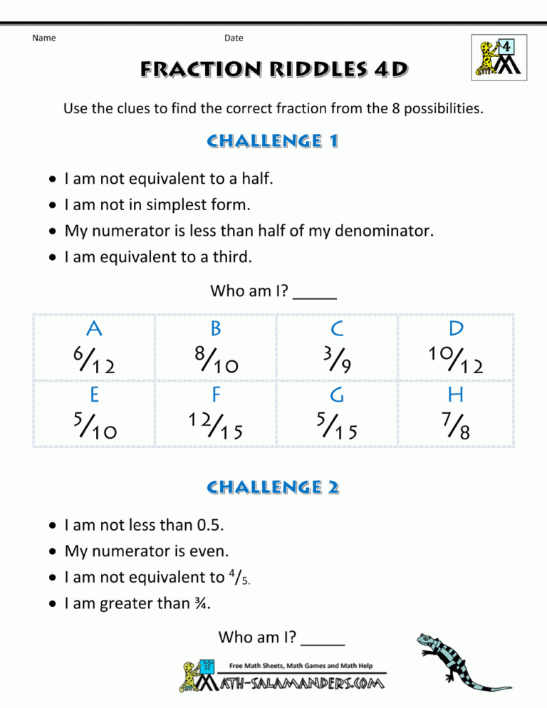 Free Printable Fraction Worksheets Fraction Riddles harder 