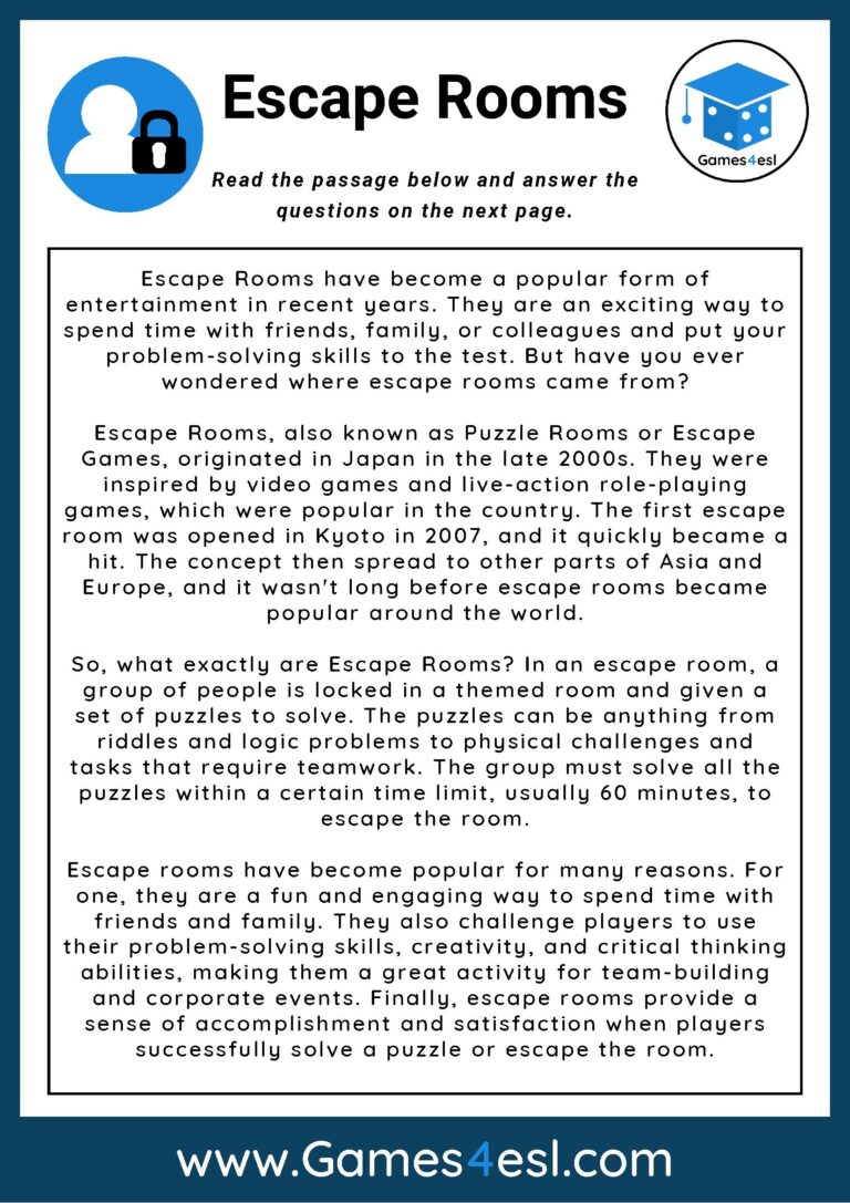 Free Reading Comprehension Worksheets For Middle School Students Games4esl