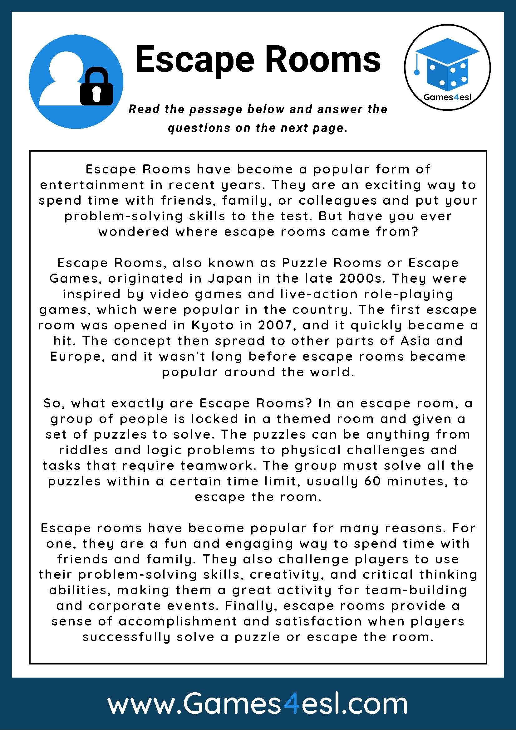 Free Reading Comprehension Worksheets For Middle School Students Games4esl