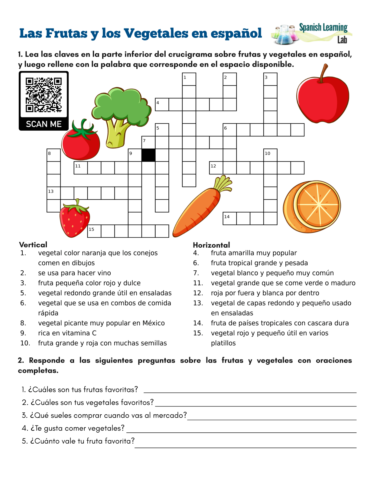 Fruits And Vegetables In Spanish PDF Crossword Puzzle Spanish 