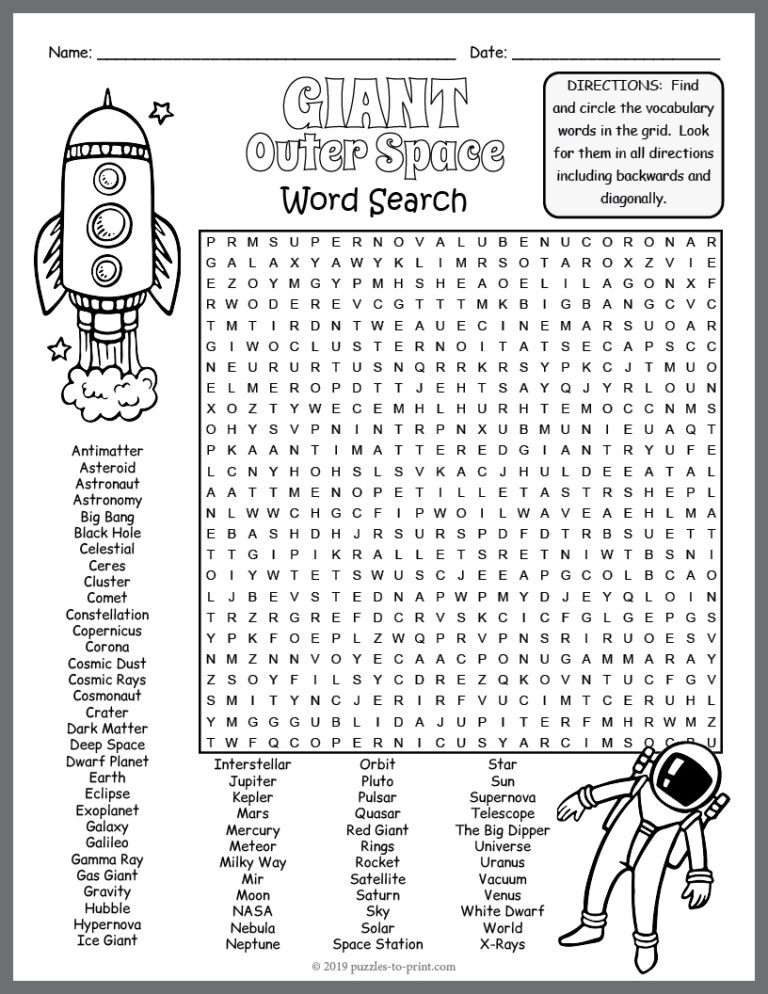 GIANT OUTER SPACE Themed Word Search Puzzle Worksheet Activity 