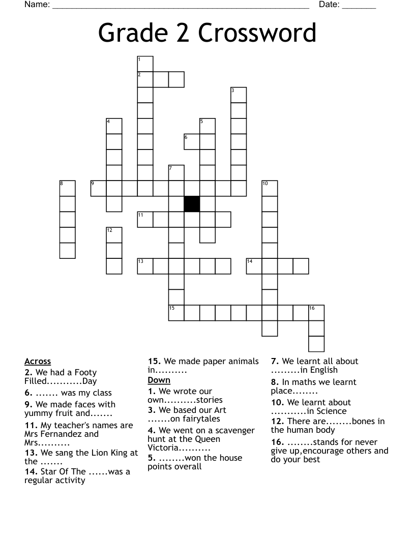 Grade 2 Crossword WordMint Worksheets Library