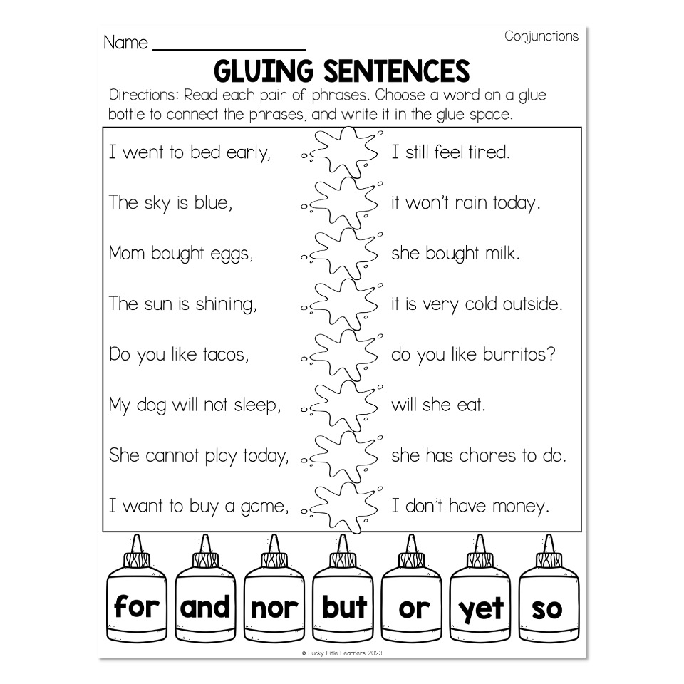 Grammar Worksheets Conjunctions Gluing Sentences Lucky 