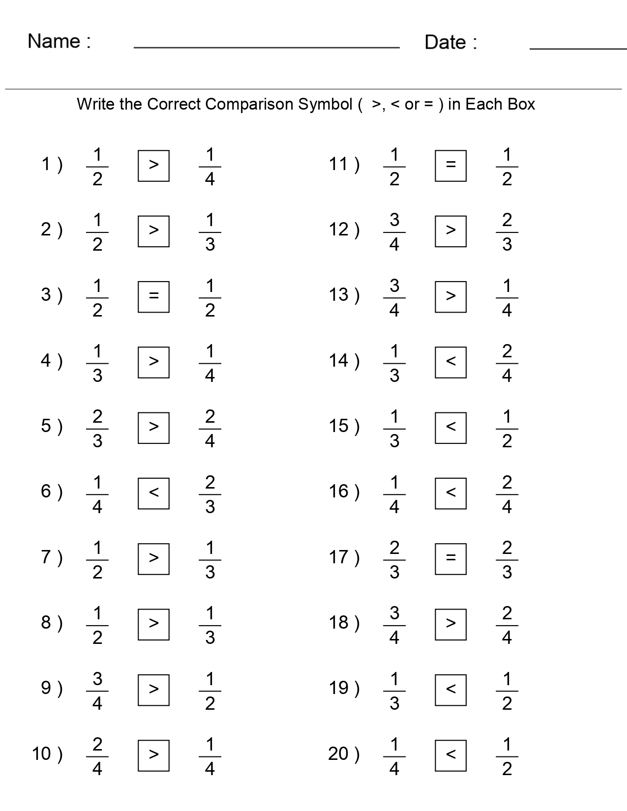 Greater Than Less Than Comparing Fractions Worksheets