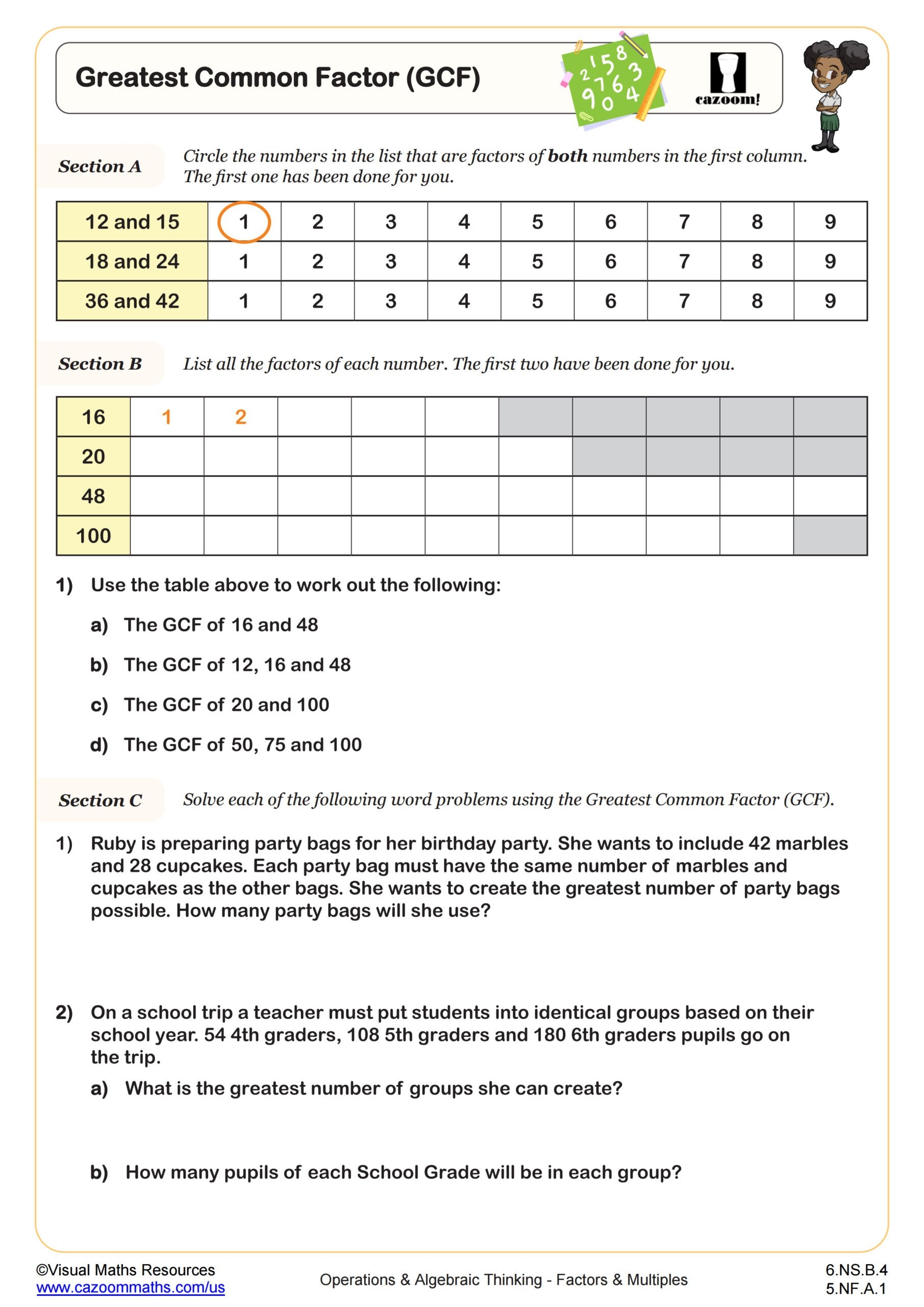 Greatest Common Factor Puzzle Worksheets