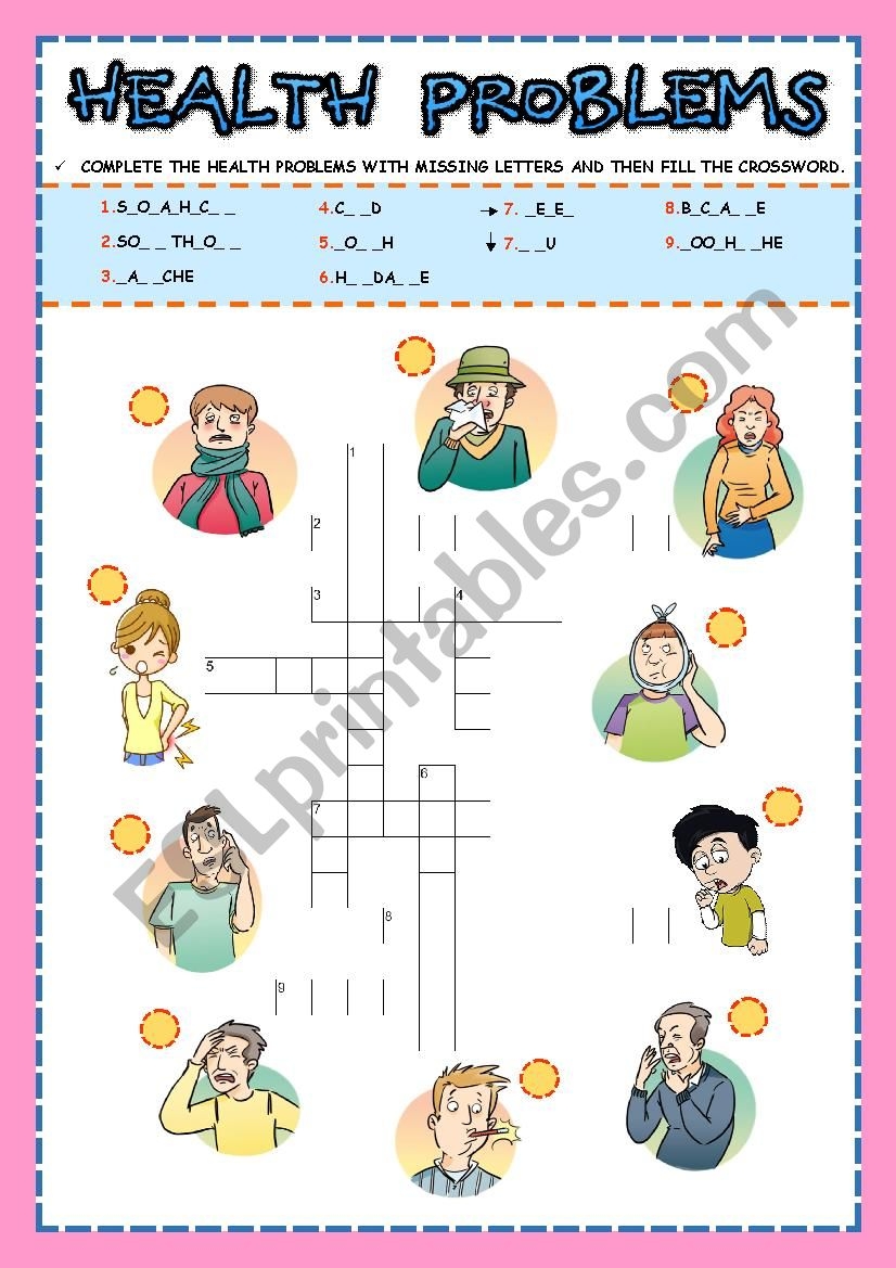 Health Problems Crossword Puzzle ESL Worksheet By Omarmh21