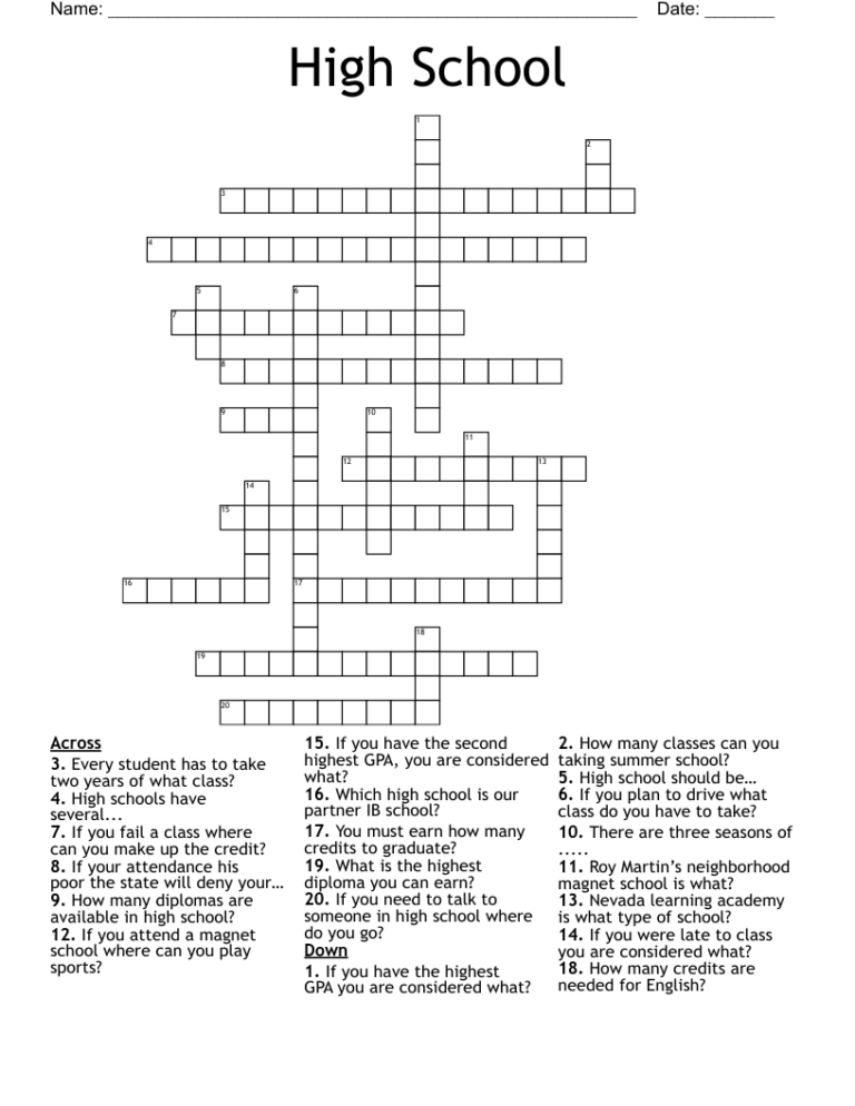 High School Crossword WordMint