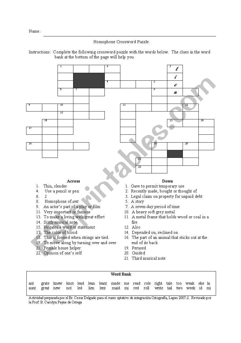 Homophone Crossword Puzzle ESL Worksheet By Bcarolyn interlink ve