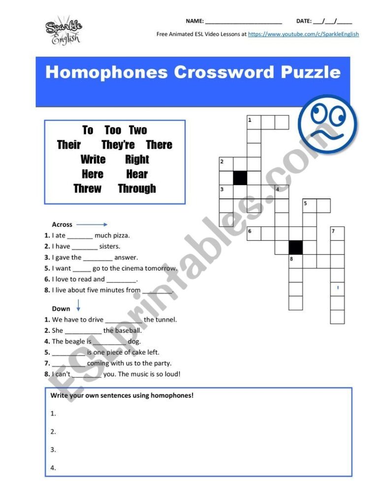 Homophones U0026 Homonyms Crossword Puzzle Fill in the Blanks And Sentence Writing ESL Worksheet By SparkleEnglish